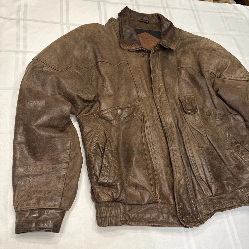 Vintage Weekends Men's Brown Leather Full-Zip Bomber Jacket Size M